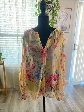 White House Black Market Yellow Floral Sheer Blouse